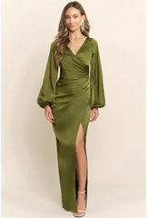 Sloane Long Sleeve Satin Maxi Dress - Olive Green