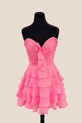 Strapless Red Chiffon Bow Ruffle Short Dress