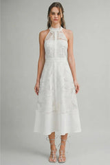 Celine Halter Neck Lace Midi Dress - White