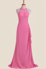 Hot Pink Halter Chiffon Draped Long Dress