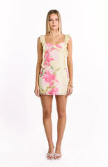 Joyce Yellow Lily Print Chiffon Mini Dress