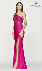 Long One-Shoulder Hot Pink Prom Dress by Faviana