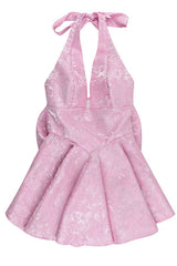 Halter Pink Plunge Short A-line Bow Dress