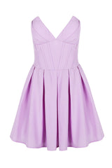 V-neck Lavender Pleated Short Party Dress