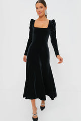 Black Velvet Jersey Puff Sleeve Maxi Dress