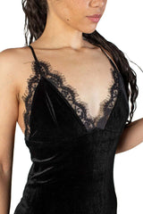 Black Lace Trim Velvet Mini Dress