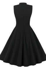 High Neck Embroidery Black Swing Dress