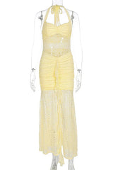 Light Blue Lace Halter Fitted Long Dress
