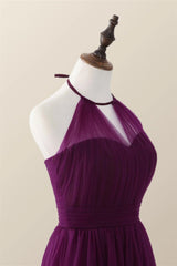 Halter Purple Tulle Long Bridesmaid Dress