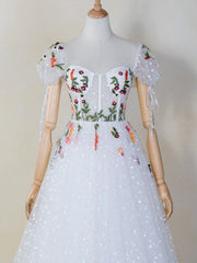 White Floral Corset Cap Sleeves Long Formal Gown