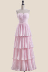 Strapless Lavender Pleated Tiered Long Party Dress