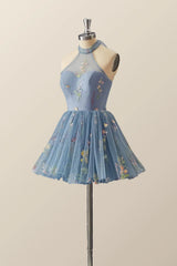 High Neck Blue Floral A-line Short Dress
