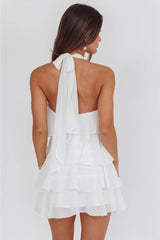 Ava Halter Tiered Chiffon Ruffled Mini Dress - White