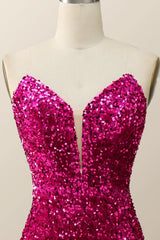 Strapless Fuchsia Sequin Mermaid Long Formal Dress