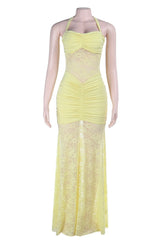 Halter Yellow Lace Sheer Fitted Long Dress