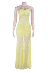 Halter Yellow Lace Sheer Fitted Long Dress