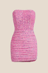 Strapless Fuchsia Bodycon Sequin Short Dress