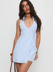 Kaiah Ruched Halter Mini Dress Blue Stripe