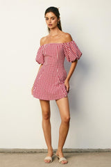 Margot Retro Gingham Off The Shoulder Mini Dress - Red