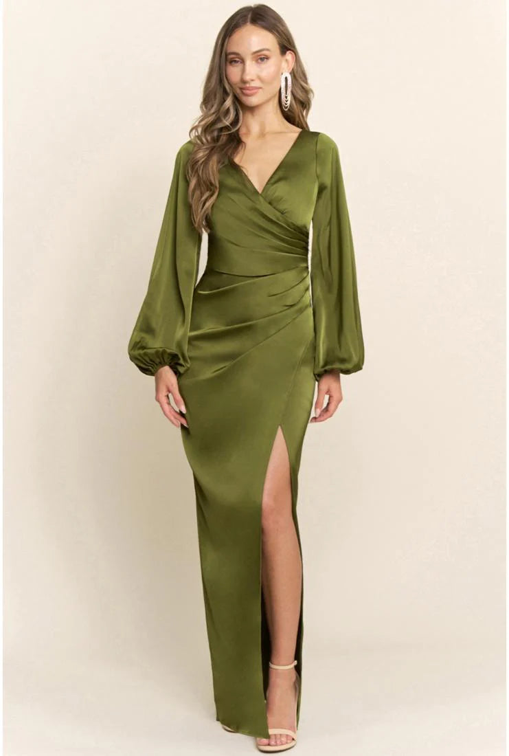 Sloane Long Sleeve Satin Maxi Dress - Olive Green