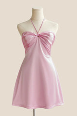 Halter Yellow Back Tie A-line Short Dress