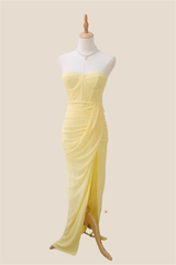 Strapless Light Yellow Ruched Long Dress with Slit