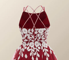 Wine Red Tulle and White Appliques A-line Dress
