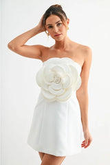 Blossom 3D Floral Bloom Strapless Mini Dress - White