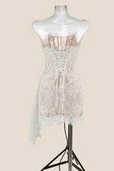 Ivory Tight Lace Short Dress with Train