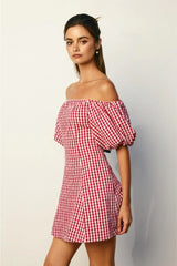 Margot Retro Gingham Off The Shoulder Mini Dress - Red