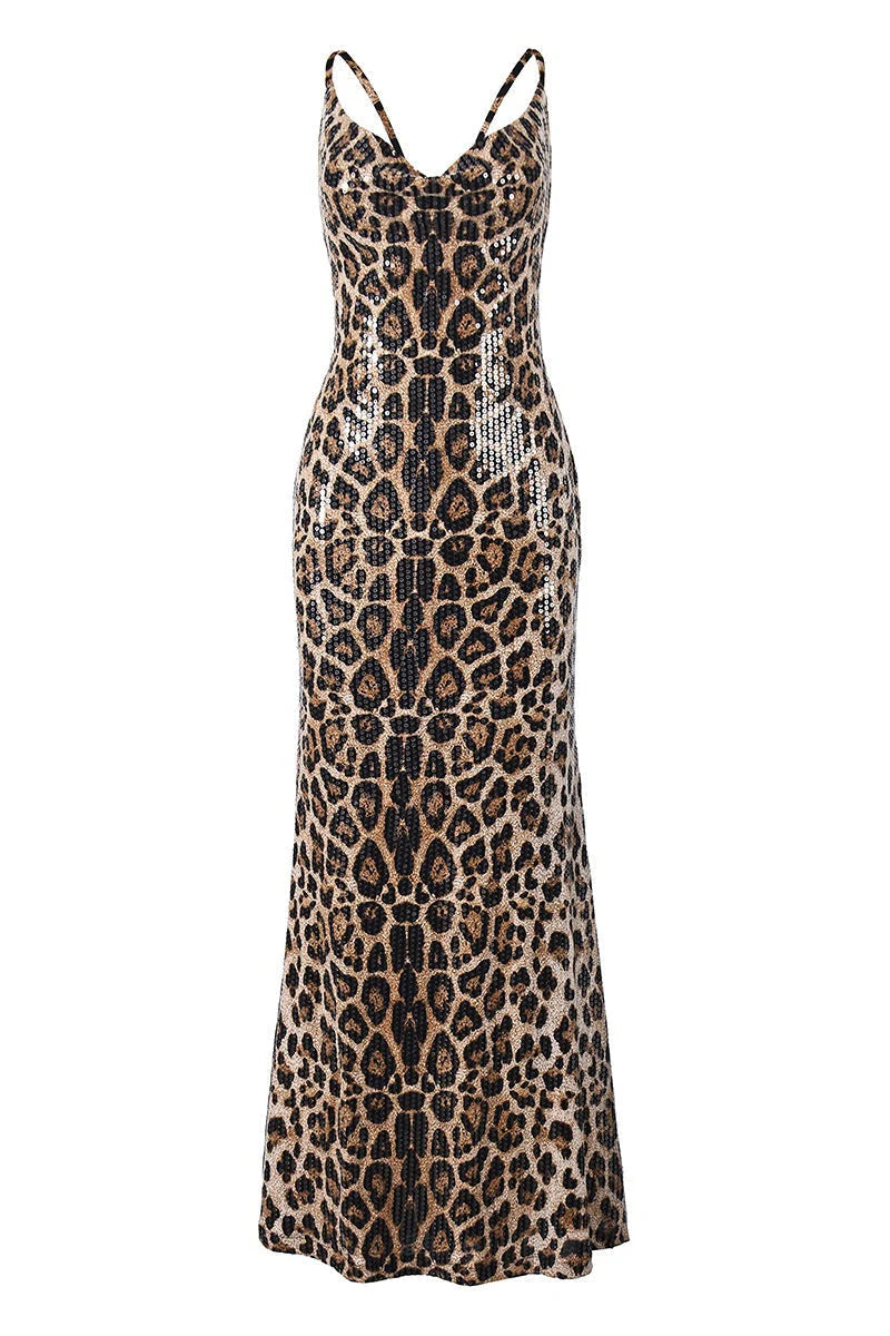 Leopard Sequin Cowl Neck Fitted Long Dress