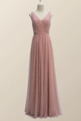 V Neck Plush Pink Tulle Long Bridesmaid Dress