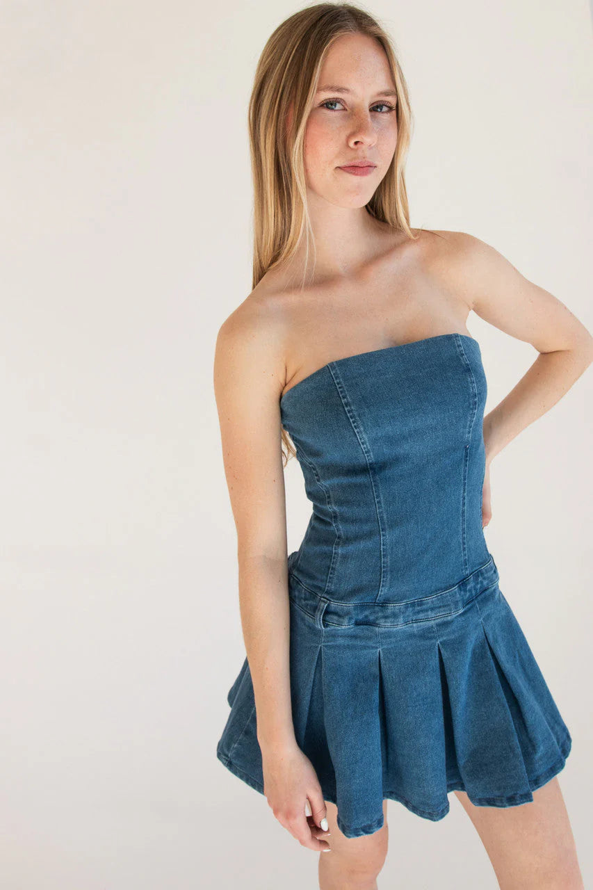 Strapless Denim Pleated Mini Dress