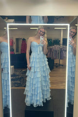 Strapless Yellow Tiered Long Dress with Bow