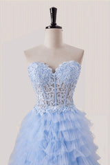 Light Blue Appliques A-line Tiered Ruffles Formal Gown