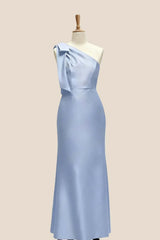 Light Blue One Shoulder Bow Bridesmaid Dress