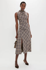 Chocolate Plaid Burke Sleeveless Draped Midi Dress