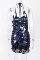 Halter Navy Blue Sequin Tight Short Dress