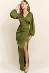 Sloane Long Sleeve Satin Maxi Dress - Olive Green