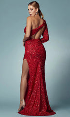 One-Shoulder Long Black Sequin Formal Dress