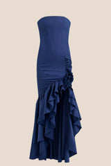Strapless Navy Blue Mermaid Ruffle Long Dress