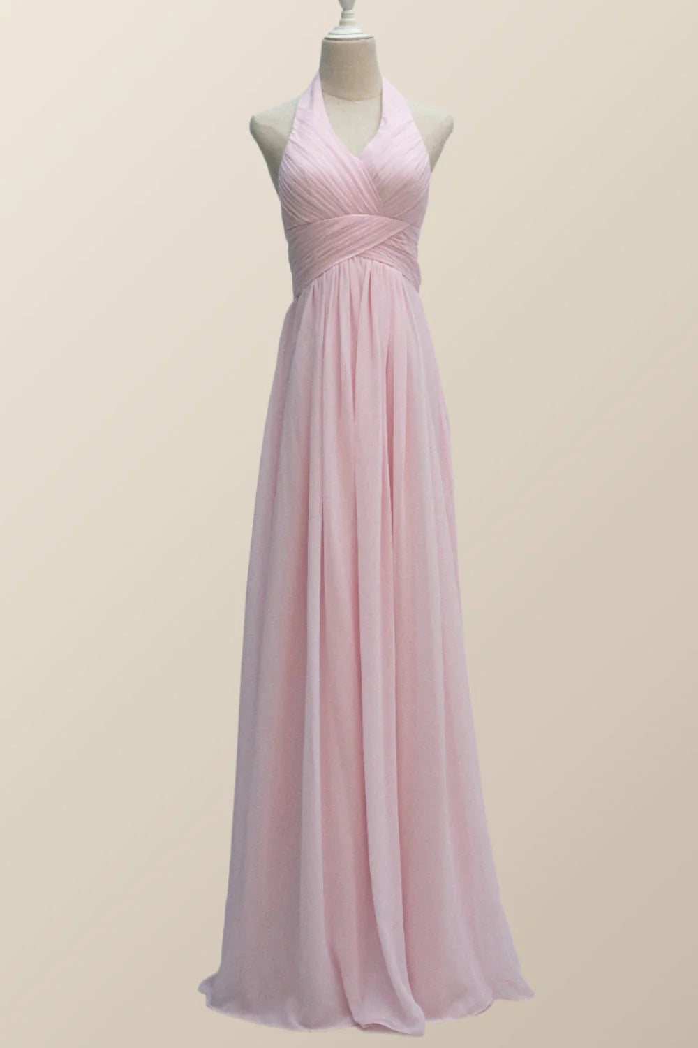 Halter Pink Chiffon A-line Long Bridesmaid Dress
