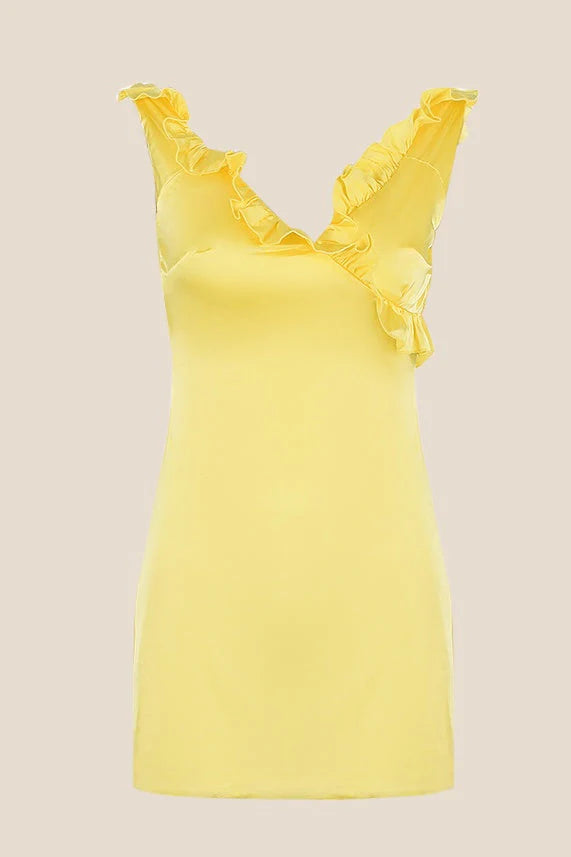V-neck Yellow Ruffled A-line Short Dress