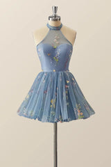 High Neck Blue Floral A-line Short Dress