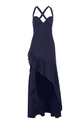 V-neck Wine Red Ruffle Long Party Dress