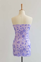 Strapless Purple Beaded Flowers Tight Short Dress