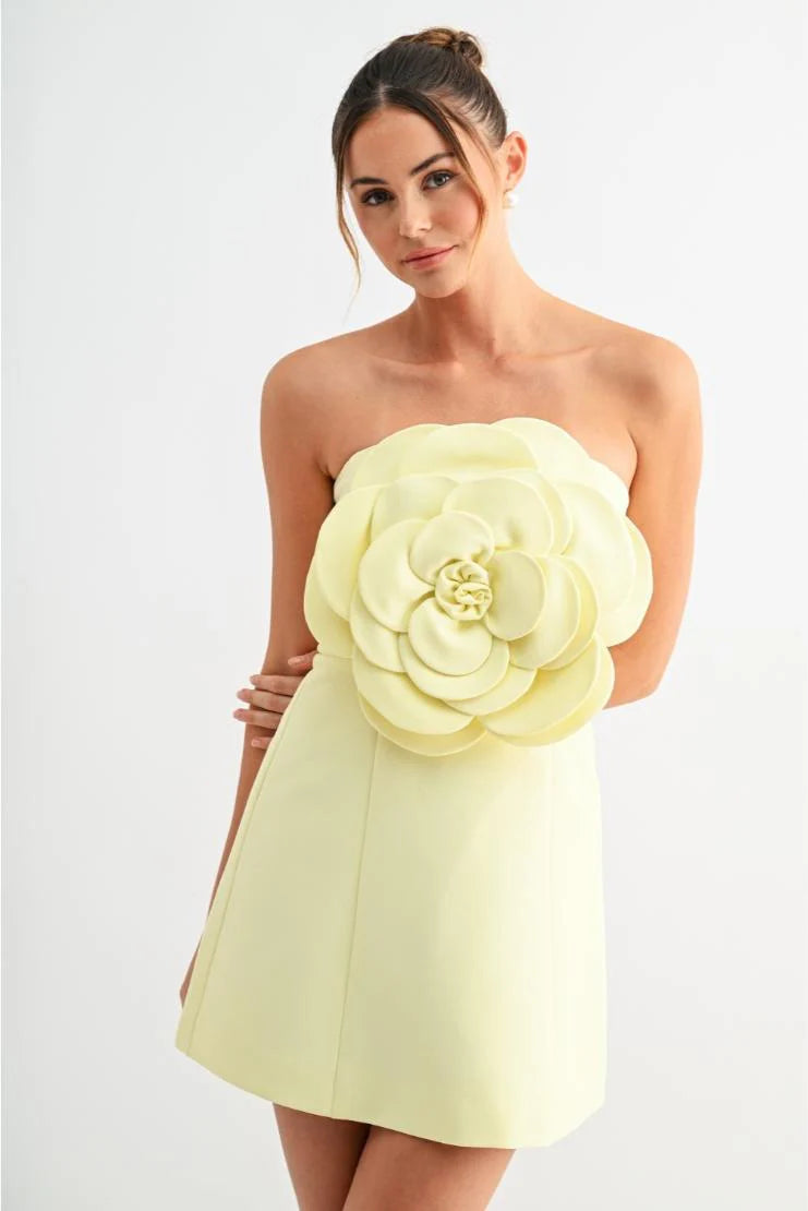 Blossom 3D Floral Bloom Strapless Mini Dress - Yellow