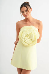 Blossom 3D Floral Bloom Strapless Mini Dress - Yellow