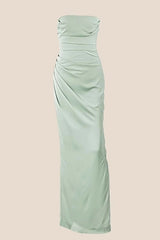 Strapless Sage Ruched Long Dress with Slit