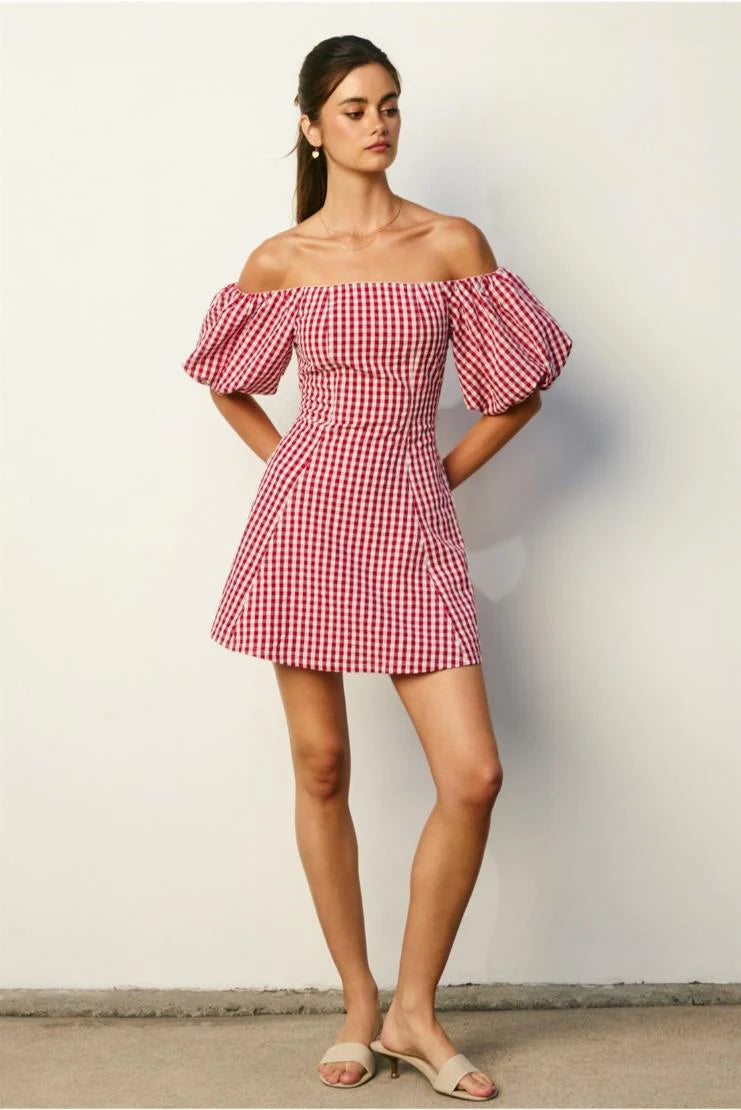Margot Retro Gingham Off The Shoulder Mini Dress - Red